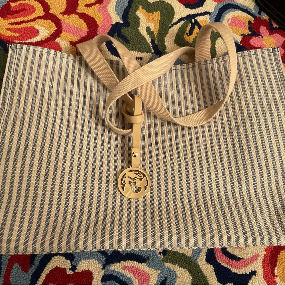 NWOT Spartina 449 Coastal Blue & White Striped Canvas Tote with Mermaid Charm